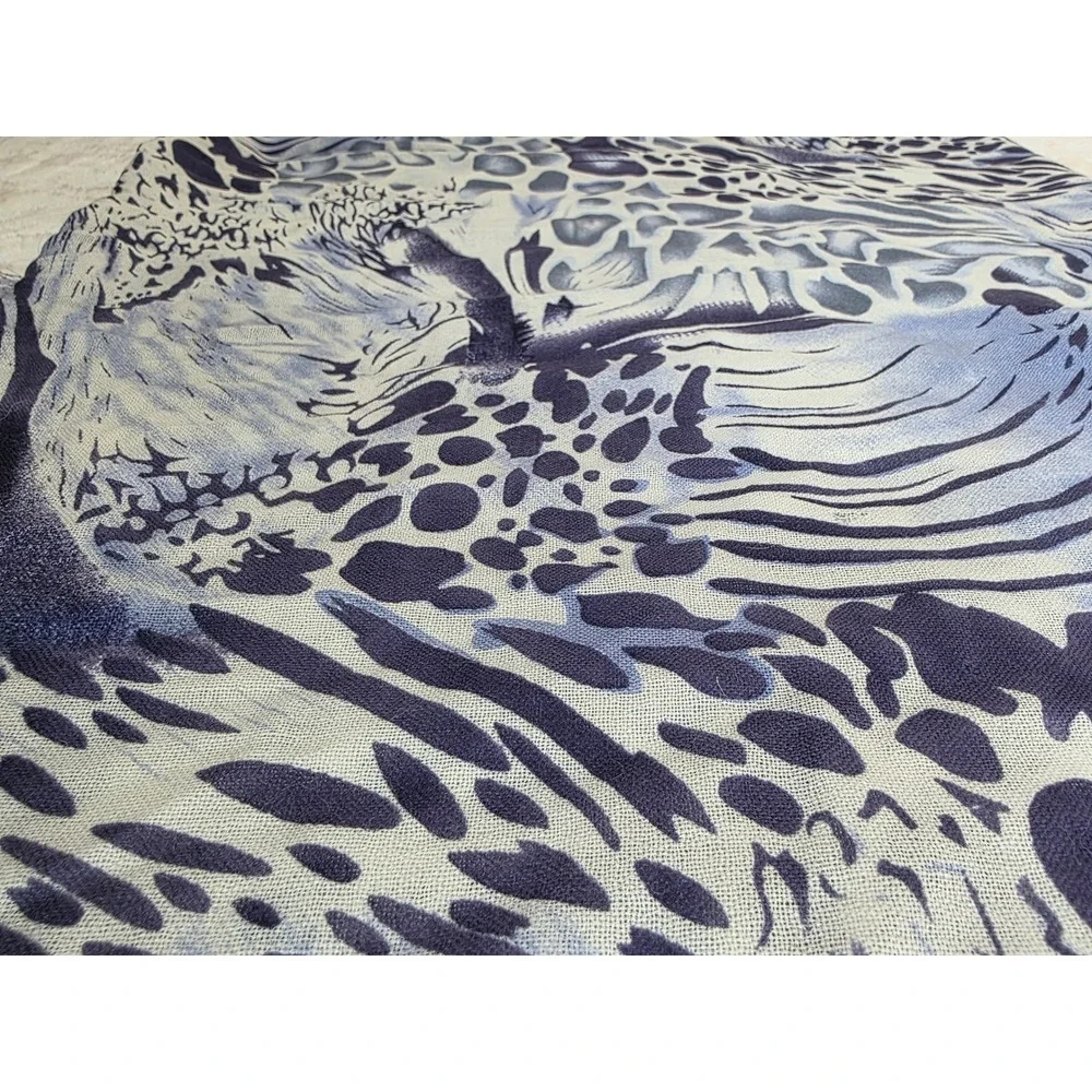 Blue White Animal Print Scarf Leopard Zebra Pattern Lightweight Frayed Edge Wrap